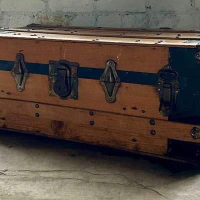 Victorian Metal Strapped Pine Travel Trunk