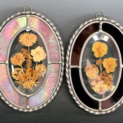 Pair (2) Pressed Flowers In Stained Glass Decorative Ovals 