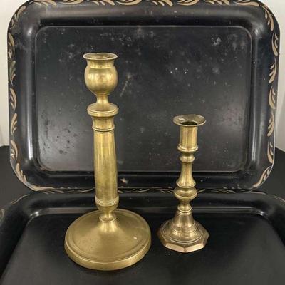 Two Antique Brass Candlesticks and 3 Vintage Toleware Trays