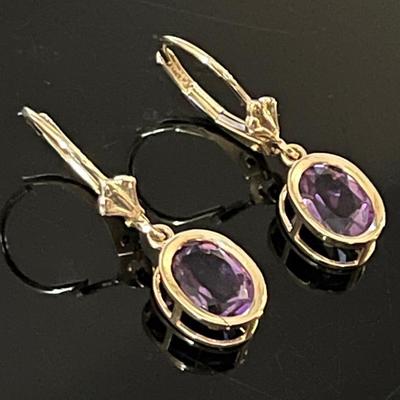 14K Yellow Gold Oval Amethyst Lever Back Earrings 