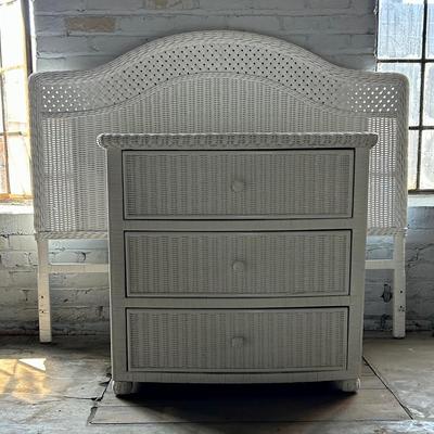 White-Painted Wicker Headboard and Dresser