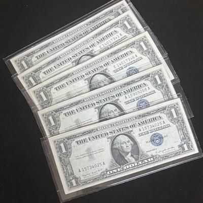 Series 1957 Blue Seal U.S. $1 Silver Certificates (5)