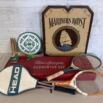 Vintage Sporting Goods & Games With Mariner’s Roost Dartboard, Badminton, Tennis & More