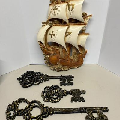 Vintage Cast Plaster Ship Wall Medallion With Dart Industries Oversized Decorative Keys