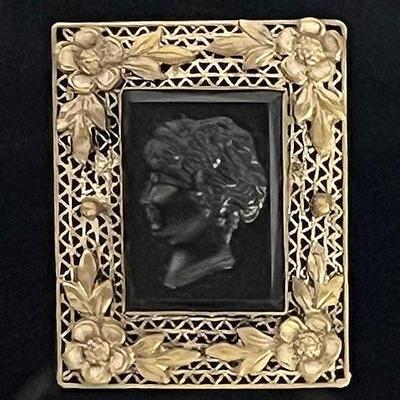1920s Victorian Revival Czech Black Glass Cameo Brooch in Brass Filigree Frame