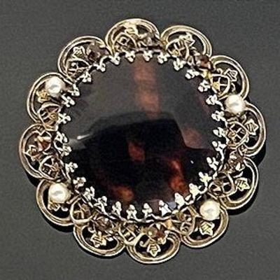 Antique Filigree Brass Tortoise Tone Glass Brooch