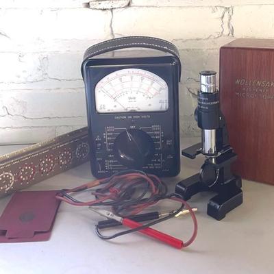 Vintage Wollensak Microscope, Bakelite Voltmeter And Addometer