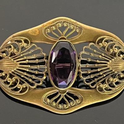 Art Nouveau Brass and Glass Brooch