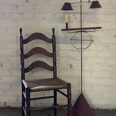 Antique Colonial Style Rush Seat Side Chair With Colonial Style Coppered Tin Floor Candelabra
