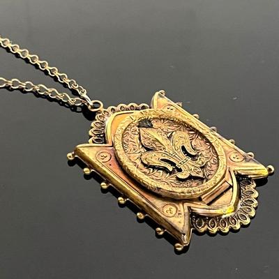 Antique French Brass Locket Pendant on Chain Necklace 