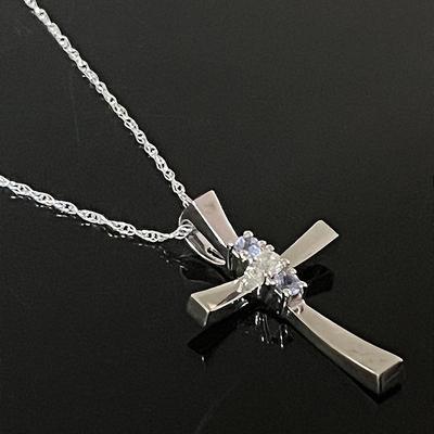14K White Gold Chain with 14 Diamond 2 Tanzanite Cross Pendant 