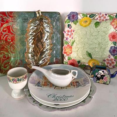 Tableware With Depression Glass, Enamel Teapot And Plates