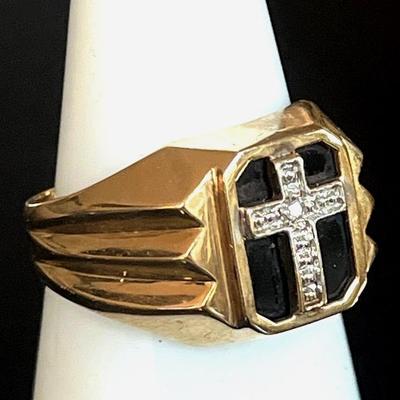 10K Yellow Gold Diamond Onyx Cross Ring
