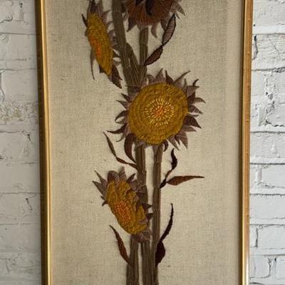 MCM Sunflower Embroidery Framed Textile Wall Art Piece