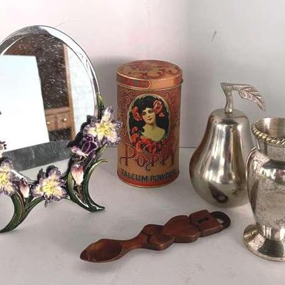 Pottery Barn Vase With Enamel Framed Mirror And Decor 
