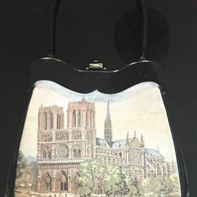 1950s Rialto Notre Dame Tapestry Patent Leather Handbag 