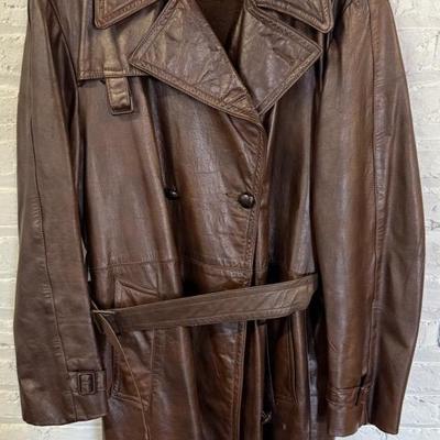 Startown Leather Trench Coat, Size 44, Long Brown Belted Car Coat