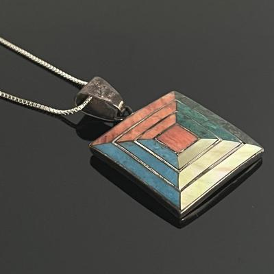 Sterling Silver Chain w/950 Silver Pendant Inlaid w/Turquoise, Malachite, 
Mother of Pearl, Coral