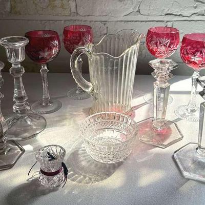 Assorted Crystal with Bohemian Cut to Clear Cranberry Goblets