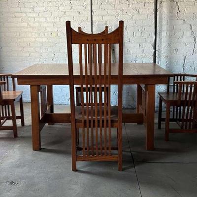 Custom Made Solid Oak Arts & Crafts Style Extension Dining Table with Four Chairs