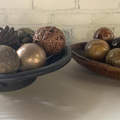 Wood And Wicker Bowls With Assortment Of Ceramic And Rattan Balls