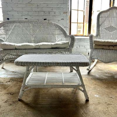 White-Painted Wicker Settee, Rocking Chair and Coffee Table