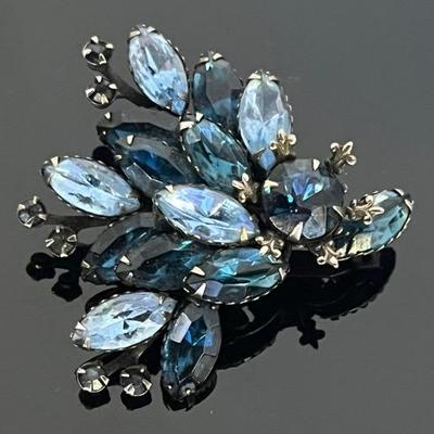 Vintage Blue Rhinestone Floral Spray Brooch