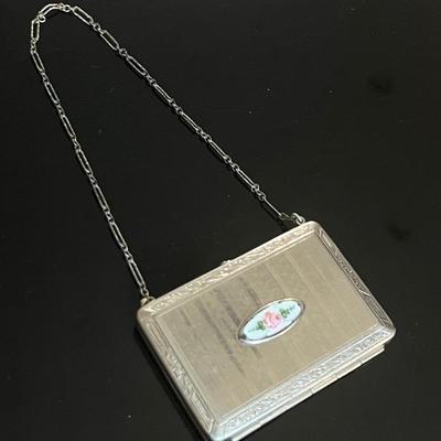 1920s Guilloche Silvertone Metal Purse Compact with Enamel Rose Detail
