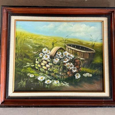 Oil On Canvas Painting Of Daisies In A Basket, Country Farm/Field, Signed