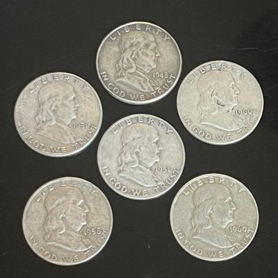 Ben Franklin Silver Half Dollars (6) 90% Silver 
