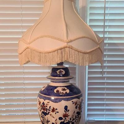 Vintage Blue & White Porcelain Vase Lamp with Fabric Shade