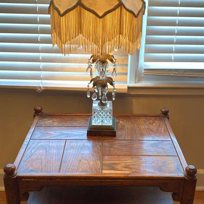 Vintage Crystal Accent Lamp with Fringe Shade & Wooden Side Table