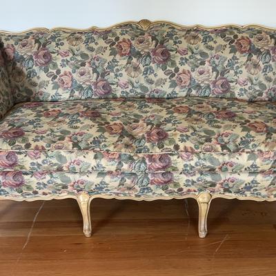 Vintage Floral Upholstered Sofa with Carved Wood Frame