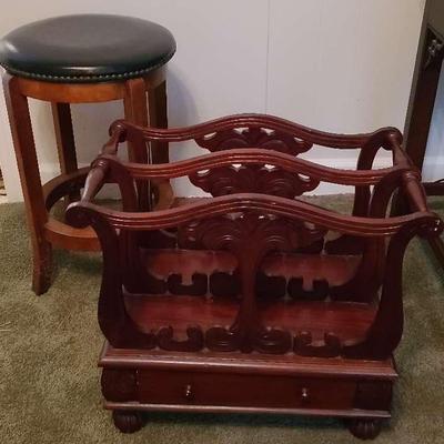 Carved Wooden Canterbury Magazine Rack with Drawer & Upholstered Stool