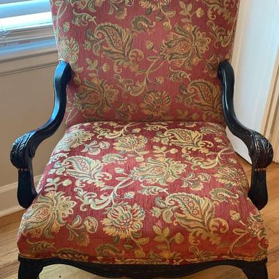 Vintage Upholstered Armchair with Carved Wooden Frame