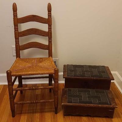 Ladderback Rush Seat Chair with Wooden Step Stools
