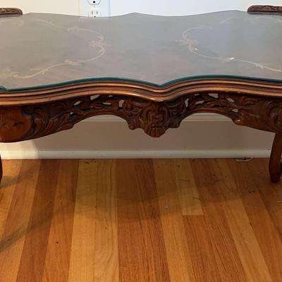 Carved Wood Coffee Table with Glass Top