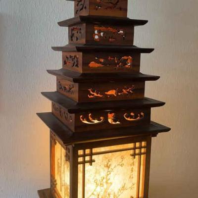 NFF007- Wood Carved Japanese Pagoda Lamp 
