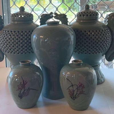 NFF035 - Large Lot of Vintage / Antique Celadon Glaze Assorted Green Vases