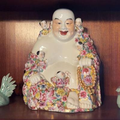 NFF003-Vintage Porcelain Laughing Buddha w / Children & Other Figurines