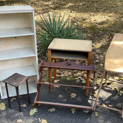 Old School Desk, Shelves, Stool & Wood Ironing Board