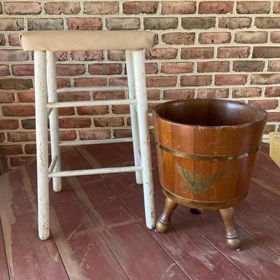 Vintage Wooden Stool & American Eagle Wood Barrel Planter 