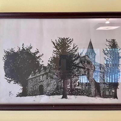 Framed Black & White Print of Large Stone House & Trees