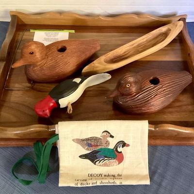 Wooden Decorative Birds, Tray, Whittled Canoe & Other 