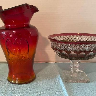 Amberina Glass Pitcher & Westmoreland Ruby Compote
