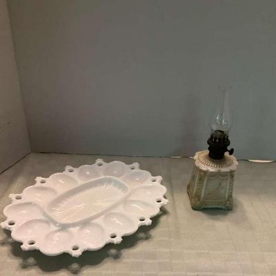 Antique Miniature White Milk Glass Oil Lamp & Fostoria Egg Plate