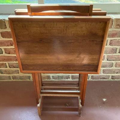 Three Wooden Folding TV Trays w/ Stand