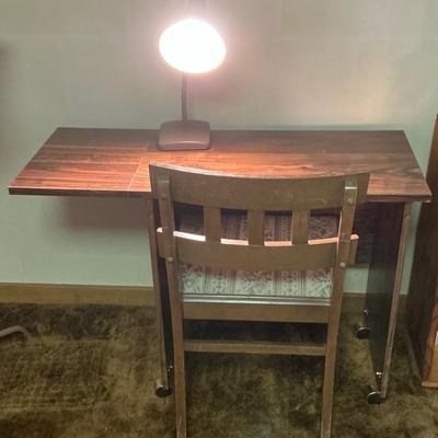 Needlepoint Chair, Wheeled Desk & Lamp 