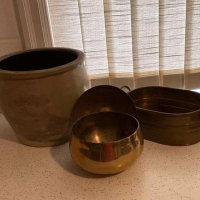 Cowden Pottery Planter & Two Brass Planters