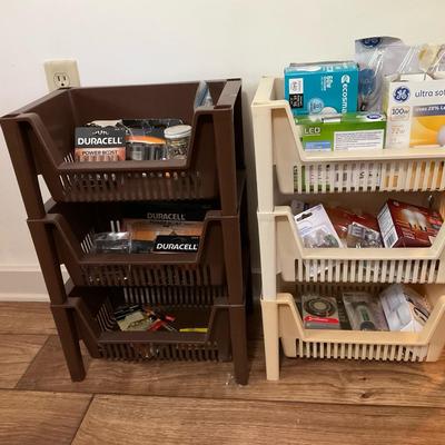 Assorted Batteries, Light Bulbs & Plastic Stacking Storage